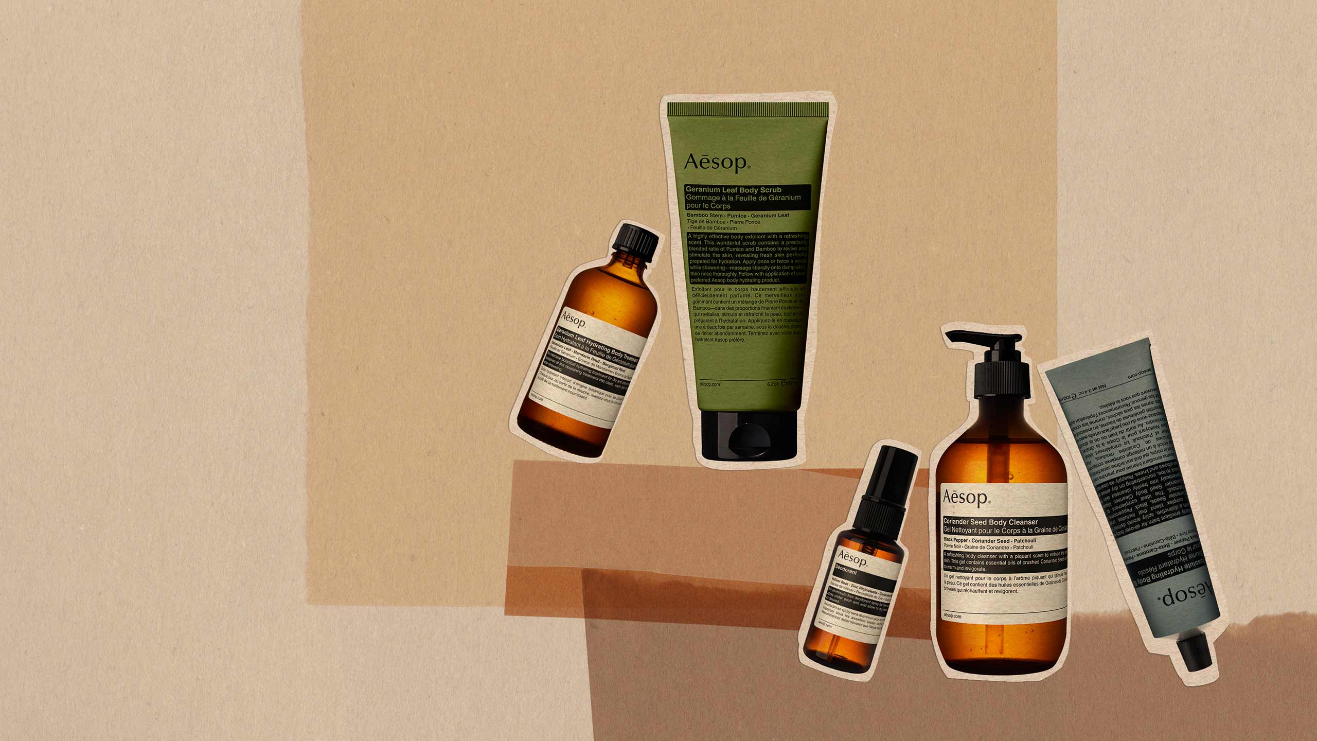 Aesop body and hand products placed in multi-coloured background