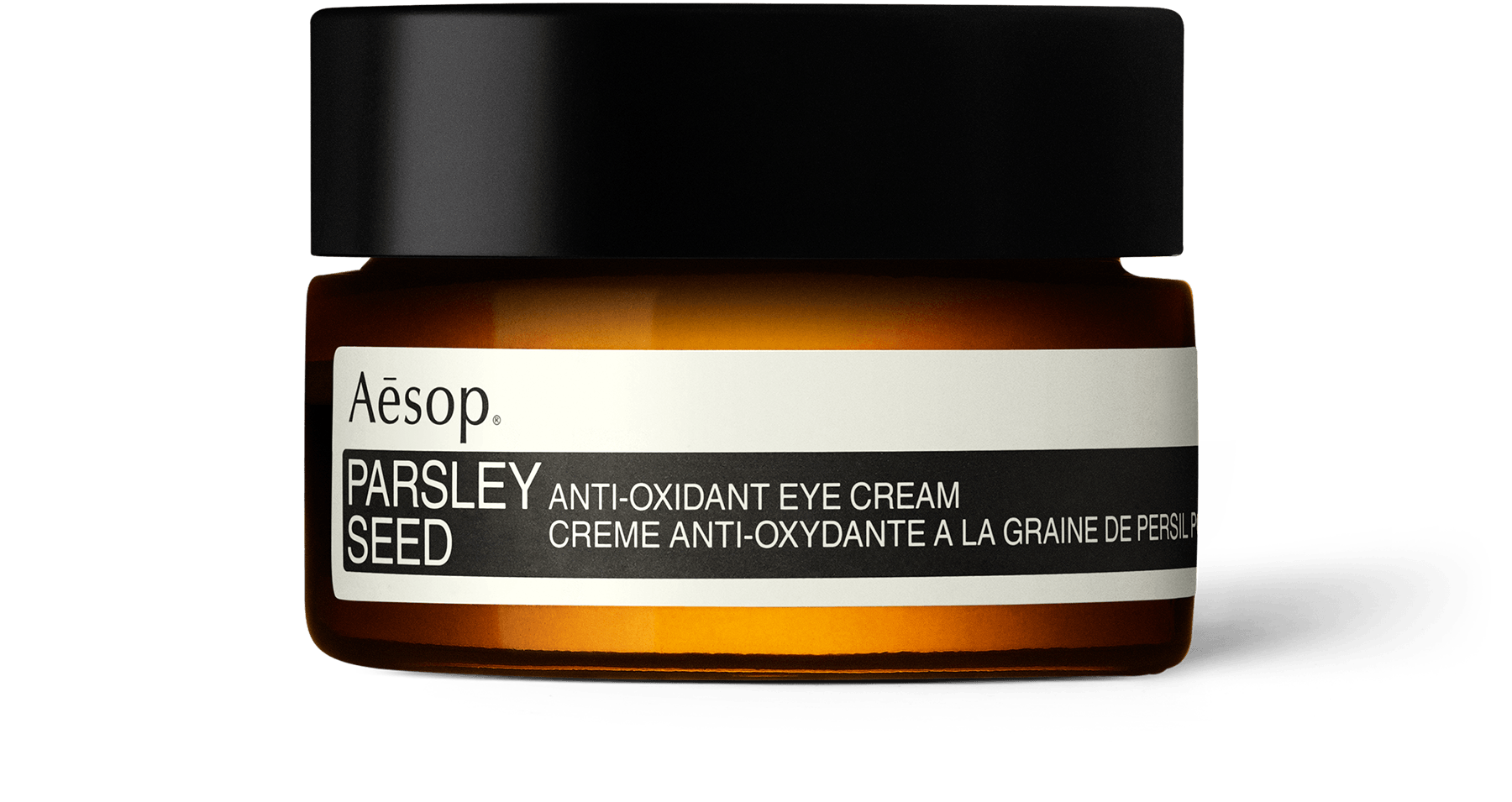 Parsley Seed Anti-Oxidant Eye Cream in an amber glass jar with screw cap.